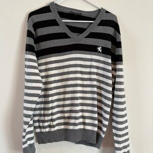 Express Black and Gray Striped V-Neck Sweater